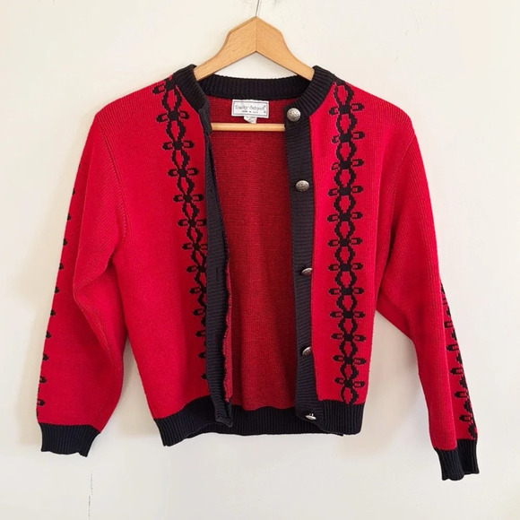 Vintage 90s cotton made in USA red/black chunky knit cardigan sweater sz small - Picture 2 of 8